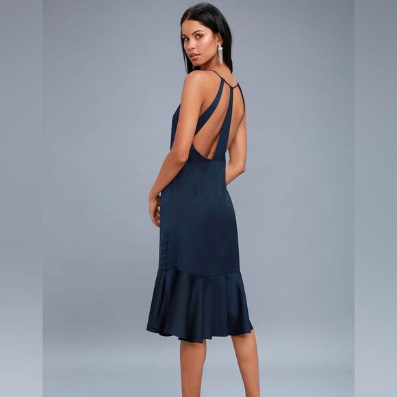 Lulus Alston Navy Blue Satin Midi Dress Size S - Picture 1 of 12